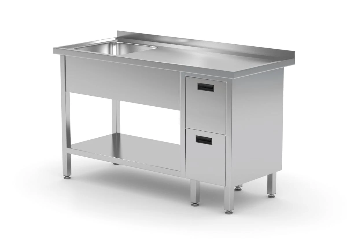 Edelstahl Gastro-Spültisch Mit Ablagefach & 3 Schubladen (Becken Links) | AISI 430 Qualität | HxBxT 85x160x60 2 Edelstahl Gastro-Spültisch Mit Ablagefach & 3 Schubladen (Becken Links) | AISI 430 Qualität | HxBxT 85x160x60 – Bild 2